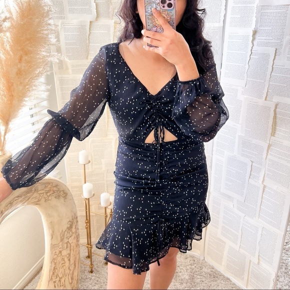 STORIA Navy Blue Star Print Ruched Long Sleeve Ruffled Mini Dress - Picture 1 of 15